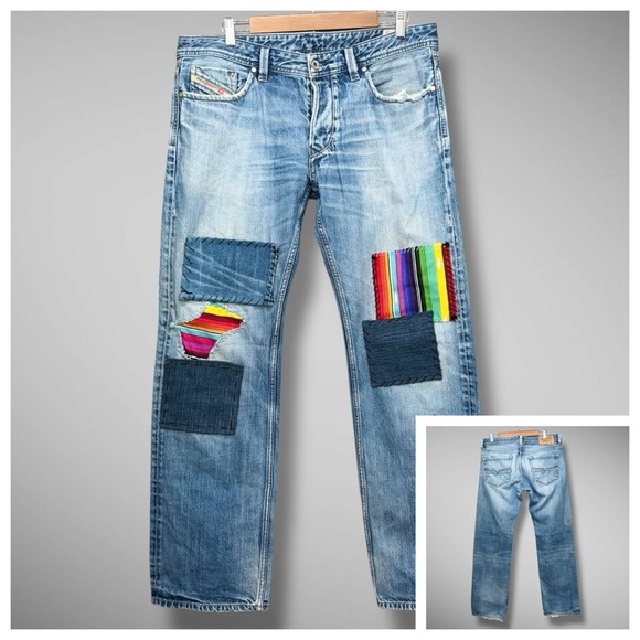 Diesel Larkee Jeans Mens 34x32 Blue Straight Leg Patched Reworked Ethnic Western - Picture 1 of 16